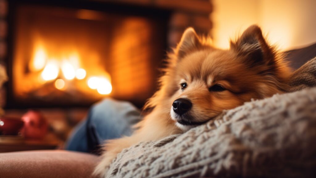 A heartwarming photograph capturing the bond between a domesticated dog and its owner, showcasing the dog's loyal gaze and wagging tail, as the owner affectionately pets its fluffy fur. The setting is a cozy living room with soft lighting, showcasing a vintage leather armchair and a fireplace in the background, creating a warm and inviting atmosphere.