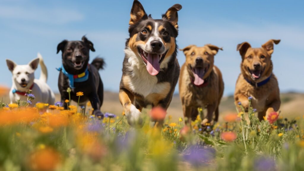 A heartwarming scene showcasing a group of adorable puppies of different breeds playing together in a lush green meadow, their fluffy fur shining under the warm sunlight, capturing their playful expressions and wagging tails.