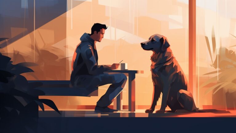 Flat depiction of a dog and its owner sharing a bonding moment during command training.