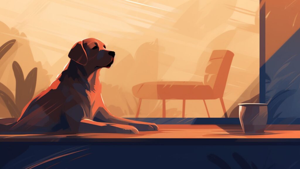  Flat concept of a dog laying down calmly, resting in a relaxed down position.