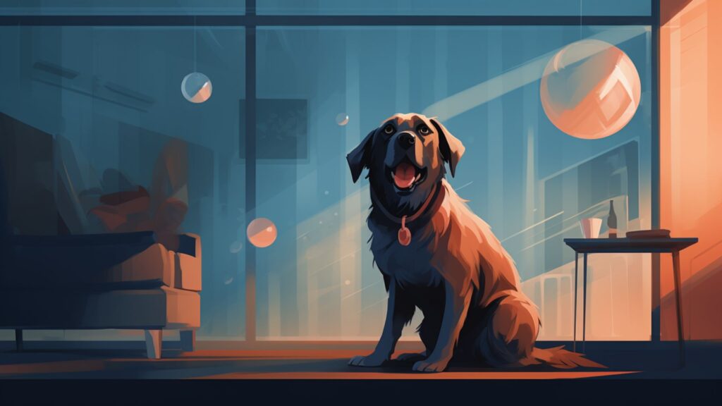 Flat depiction of a dog releasing a toy from its mouth upon hearing the drop it command. 