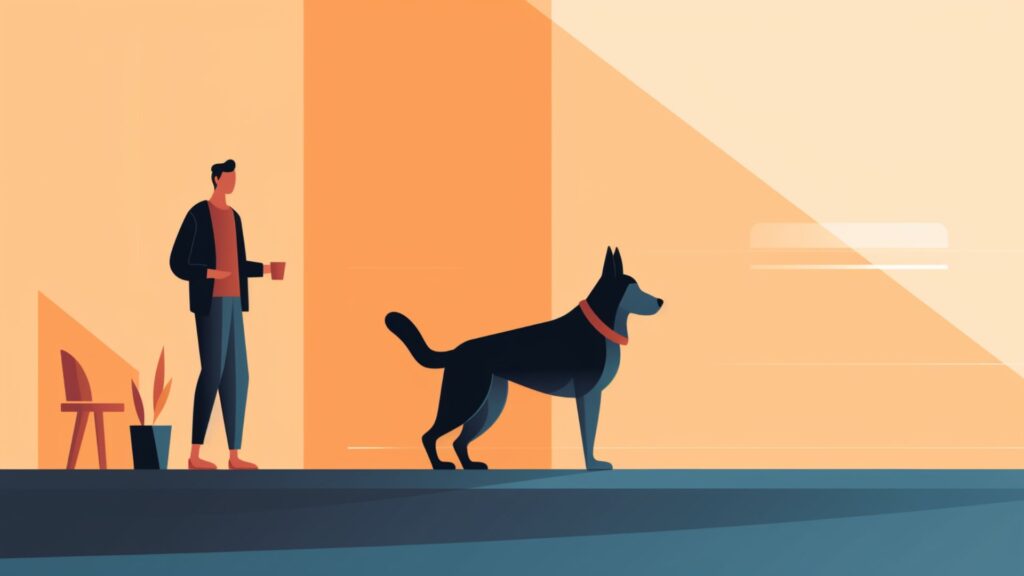 Flat illustration of a dog walking right beside its owner, focused and heeling properly.