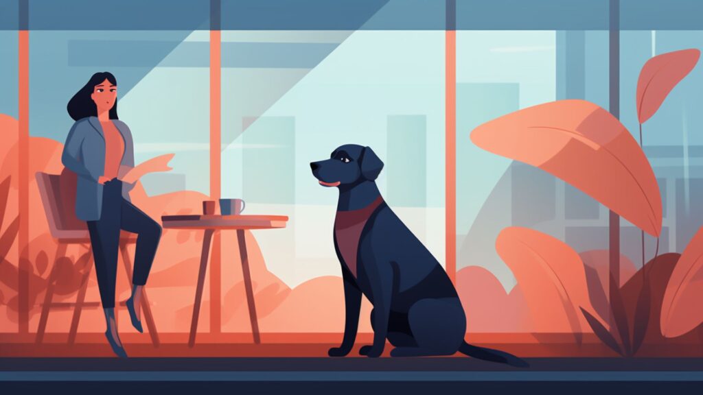 Flat scene of a dog immediately stopping its behavior as its owner firmly says no.