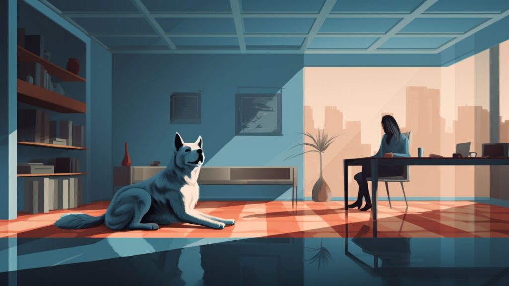 Flat concept of a dog with all four paws on the floor, refraining from jumping or climbing furniture. 