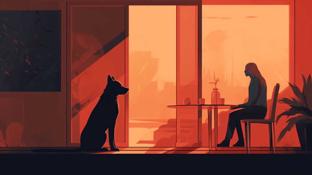 Flat illustration of a dog waiting at a door or threshold, looking up for the owner's next command.