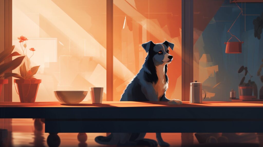 lat scene of a dog curiously looking at a toy or food but choosing to ignore it on command.