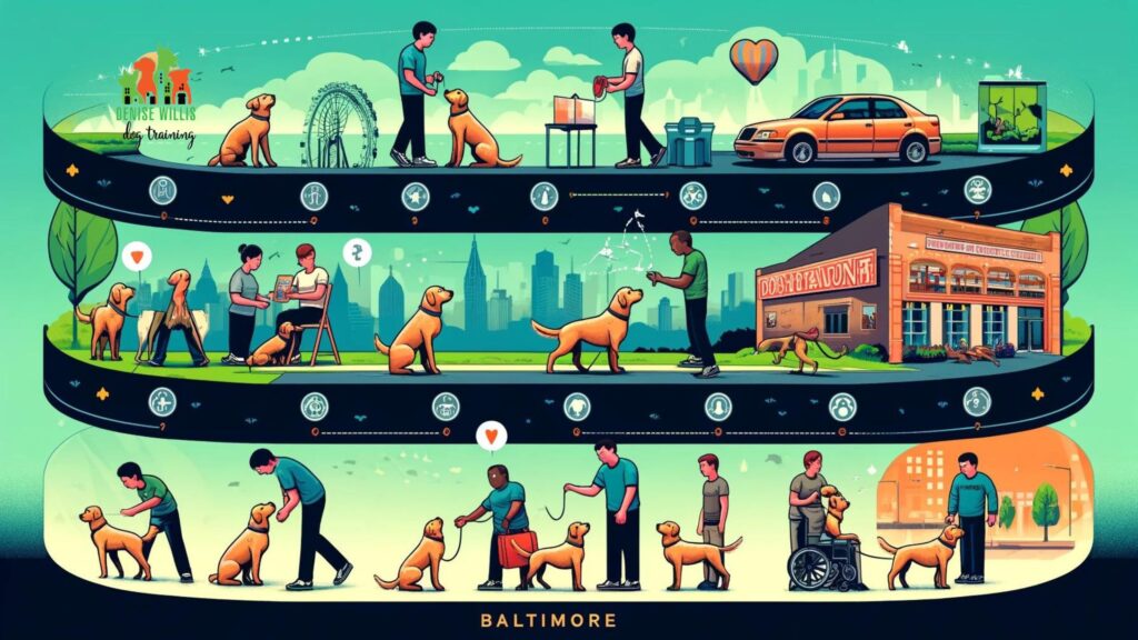 An illustration highlighting the journey of a dog in Baltimore from starting therapy dog training to achieving certification, featuring the dog demonstrating skills in various training scenarios.