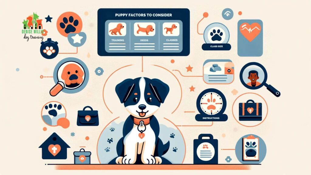 An informative illustration highlighting key factors to consider when selecting a puppy training class in Baltimore, with icons representing training methods, class size, and instructor credentials.