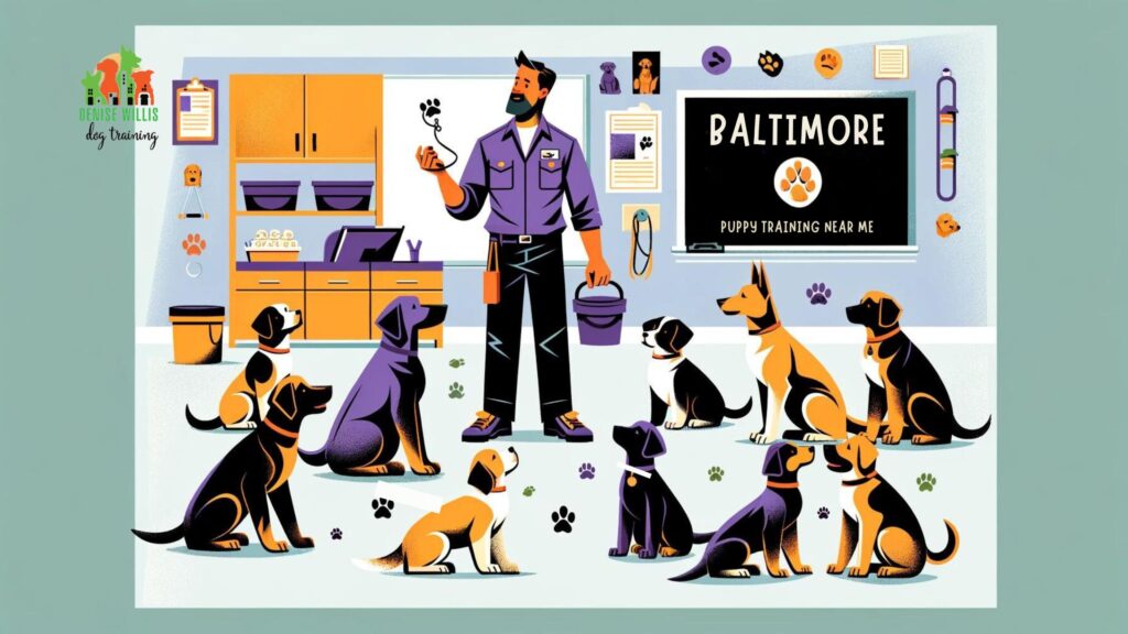 A professional trainer demonstrating positive reinforcement techniques with a diverse group of puppies in a well-equipped Baltimore training class.