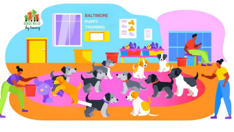 Illustration of a variety of puppies interacting and playing together in a vibrant Baltimore puppy training class, showcasing the essence of puppy socialization.