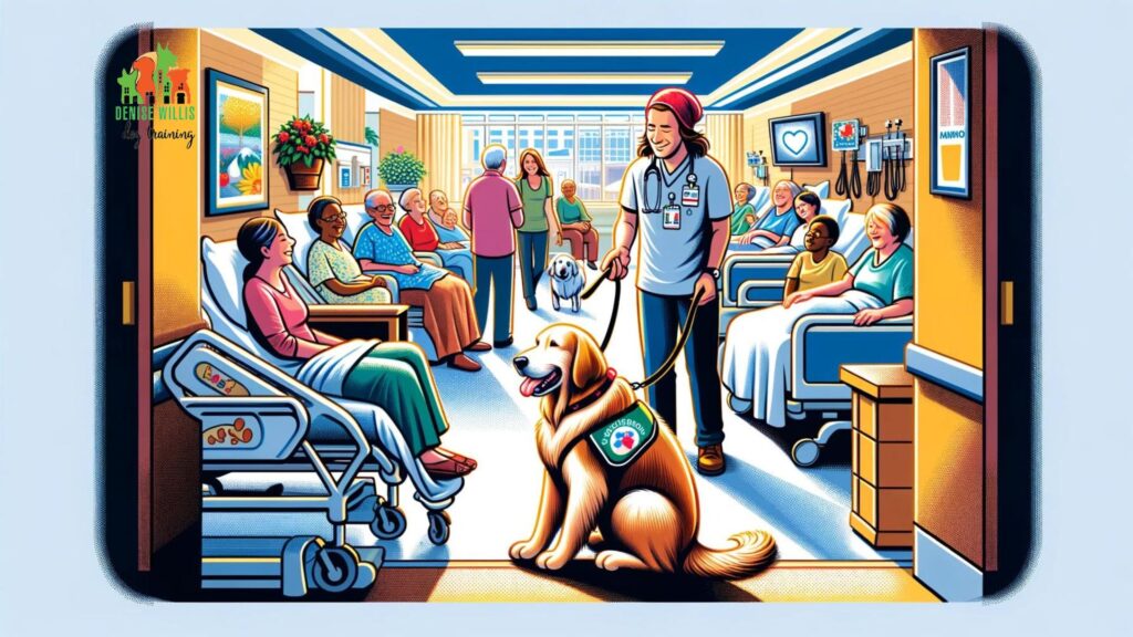 A vector illustration depicting a therapy dog visiting patients in a Baltimore hospital, showcasing the comforting presence of the dog and the positive reactions of the patients.