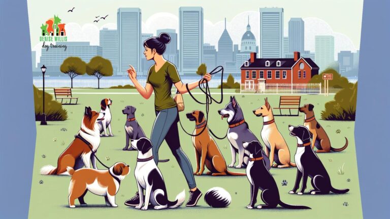 An illustration showing a dog trainer in Baltimore teaching a group of diverse dogs basic obedience skills, highlighting the essential training for becoming therapy dogs.