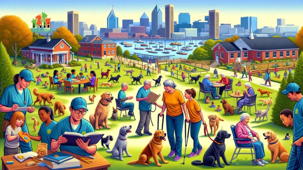 A landscape illustration showing therapy dogs and their handlers volunteering in various settings in Baltimore, such as schools and nursing homes, emphasizing the community impact.