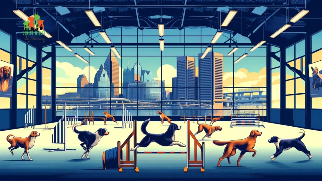 Dogs demonstrate advanced agility training, navigating obstacles with precision and speed in a well-equipped Baltimore training facility, highlighting the effectiveness of expert training.
