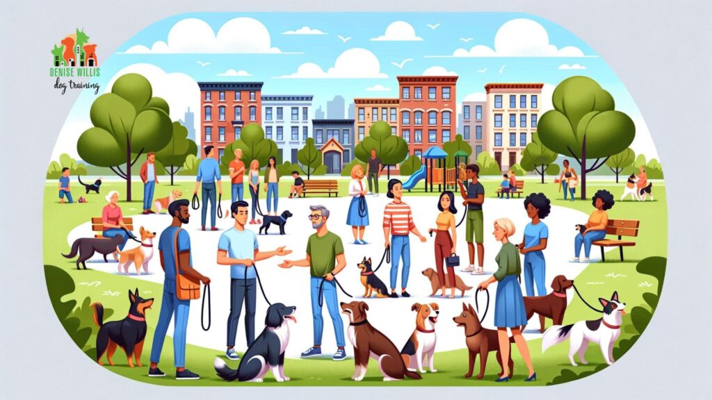 Vector image of a community dog training event held in a local Baltimore park, featuring dog owners and their pets interacting with trainers, fostering a sense of community and learning.