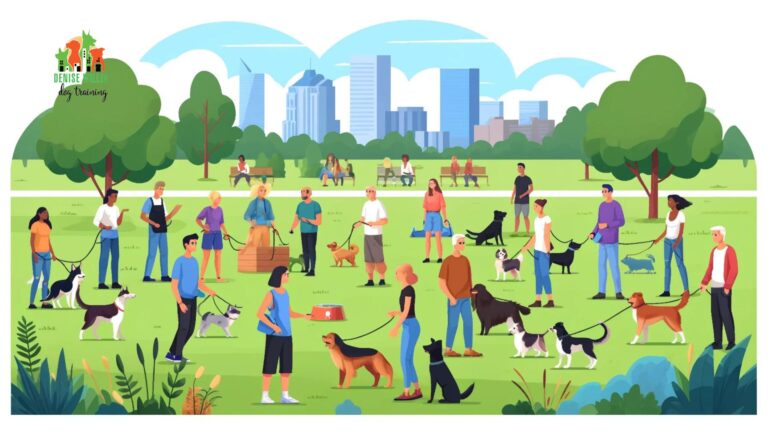 Vector illustration of a diverse group of people with their dogs participating in an outdoor dog training class in a Baltimore park, showcasing a lively and engaging training session.