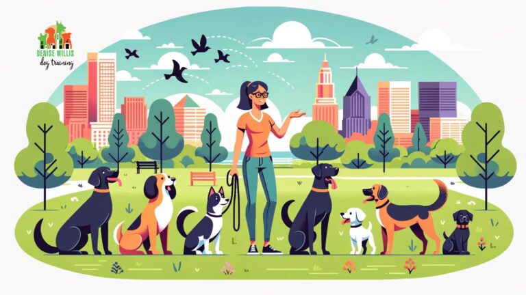 A professional dog trainer conducts an engaging outdoor training session with various dog breeds in a scenic Baltimore park, showcasing effective obedience exercises.