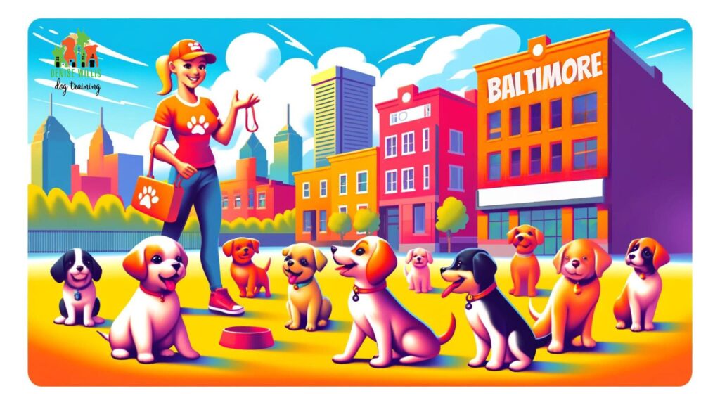 Puppies of different breeds participate in an interactive training class in Baltimore, learning basic commands and socialization skills in a supportive environment.