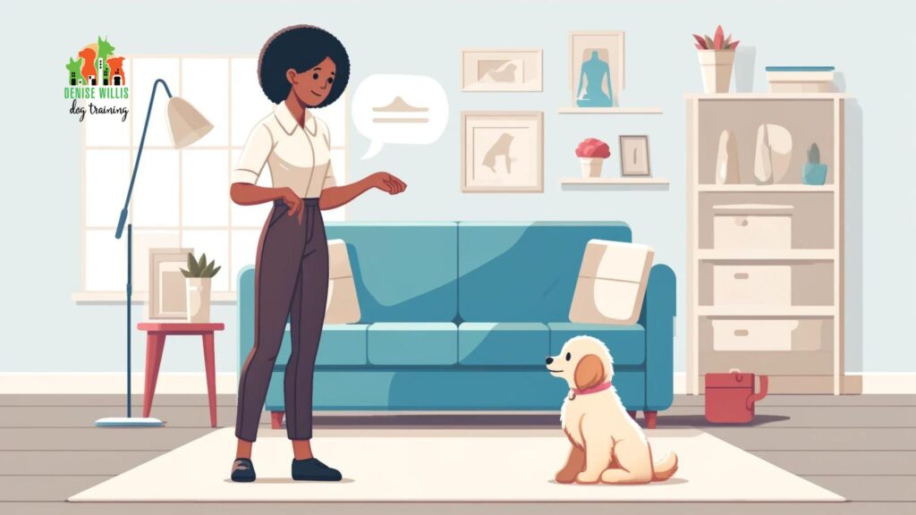 Illustration of a professional dog trainer conducting a personalized puppy training session in the living room of a Baltimore home, emphasizing a focused and caring training environment.
