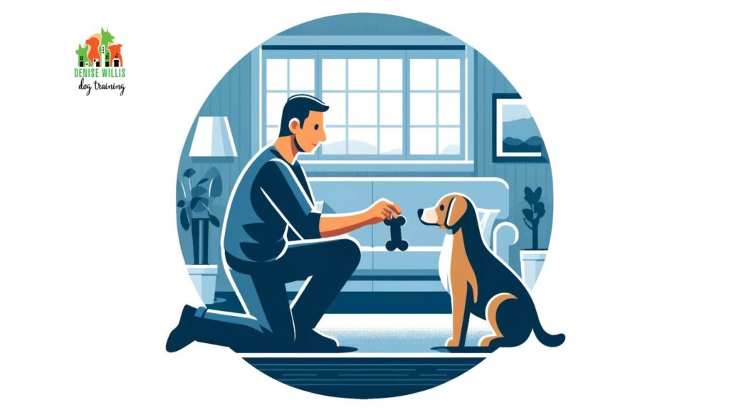 Illustration of a dog owner using the 'trade' method, exchanging a treat for a toy with their dog in a cozy living room, showcasing a positive reinforcement strategy to mitigate resource guarding.