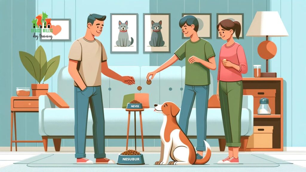 Illustration of a dog owner rewarding their pet with a treat for displaying calm behavior near a food bowl, while another person observes, demonstrating the use of positive reinforcement to manage and reduce resource guarding behaviors in dogs.