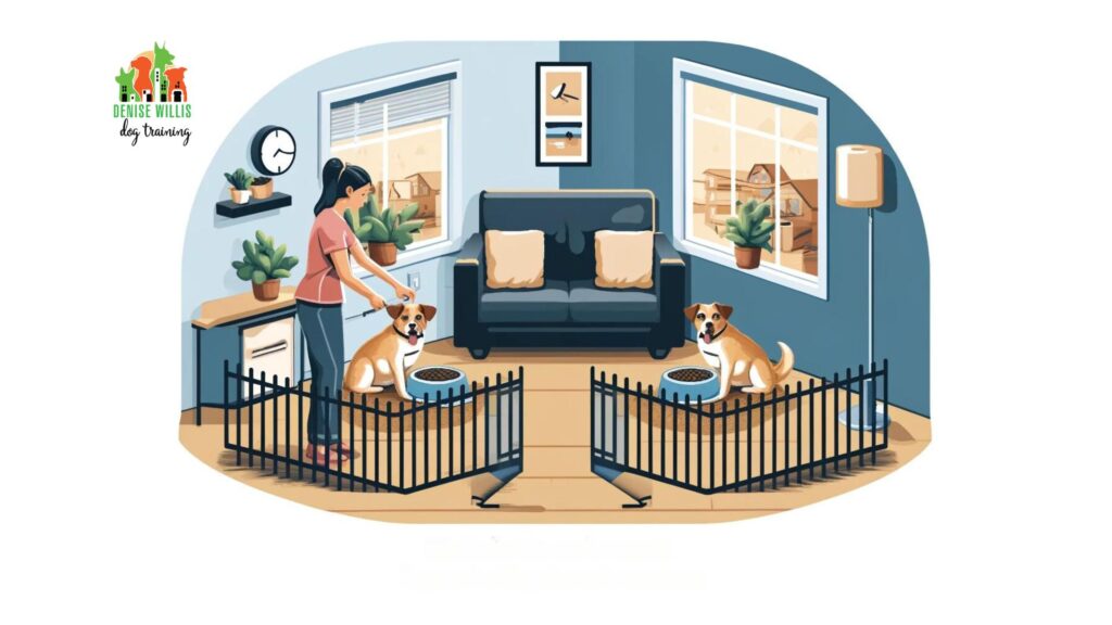 Illustration depicting a dog owner implementing a strategic feeding setup with separate stations and barriers to prevent resource guarding between two dogs, in a well-organized domestic environment.