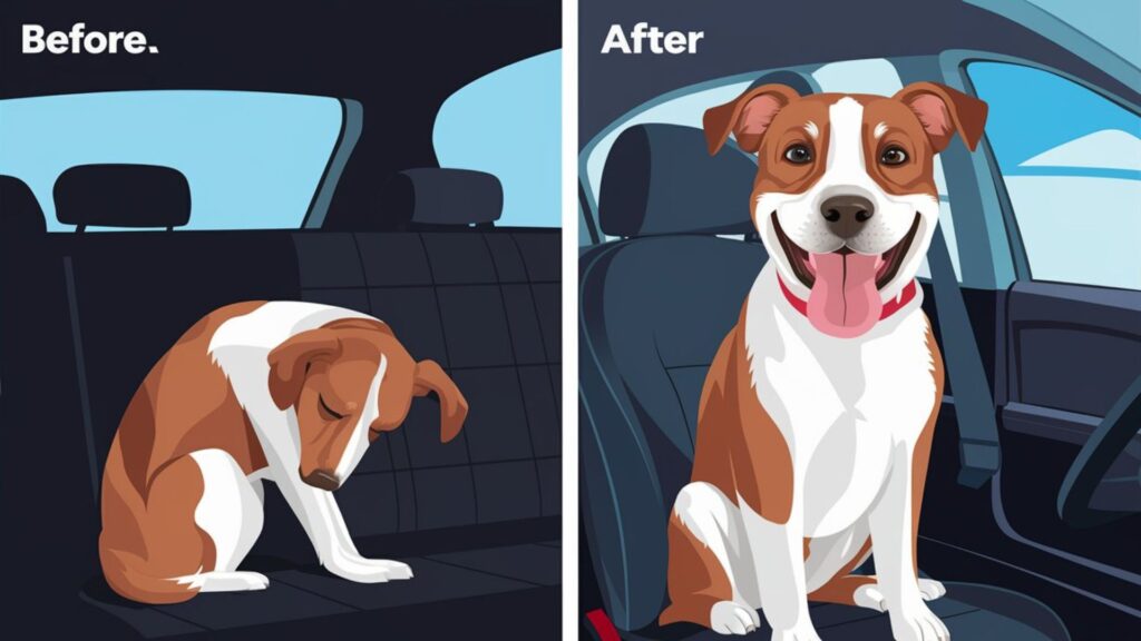 Before and after of a dog overcoming car anxiety