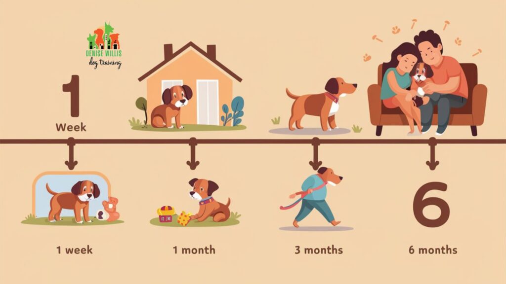 Timeline showing the typical adjustment period for a rescue dog