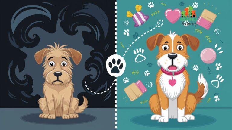 Vector illustration of a rescue dog's journey from scared to confident