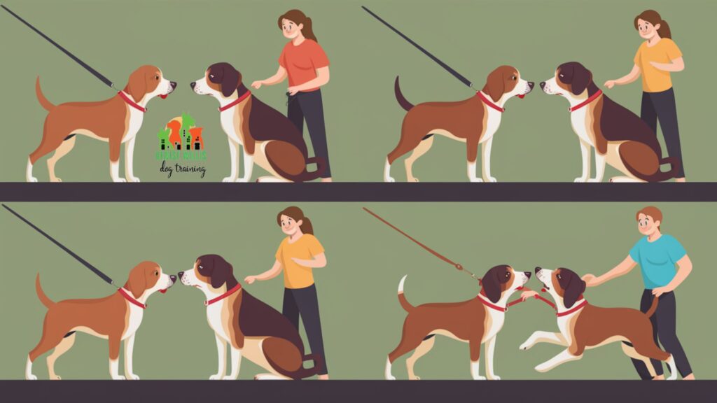 Step-by-step illustration of controlled dog socialization