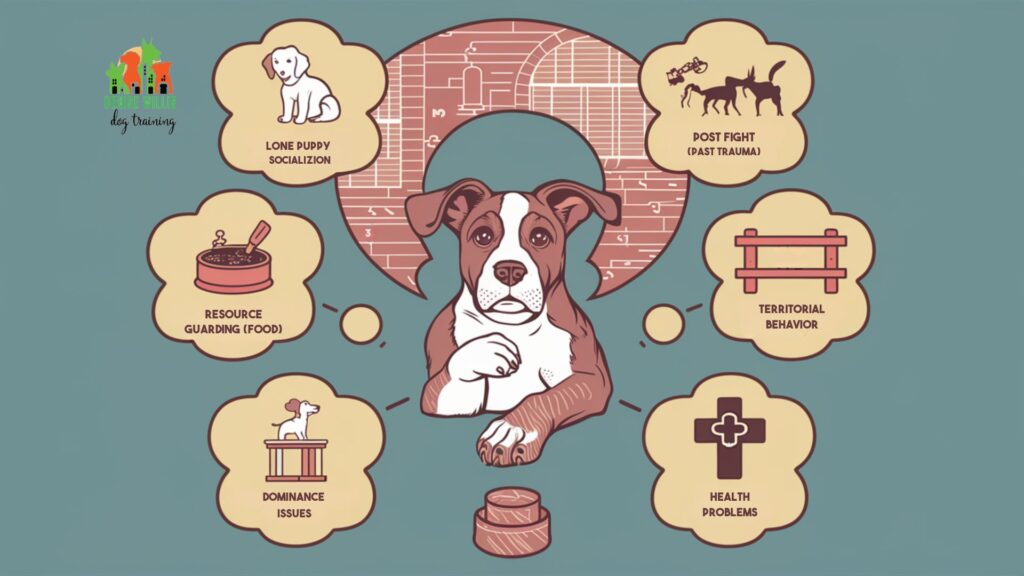 Illustration of a dog surrounded by aggression triggers