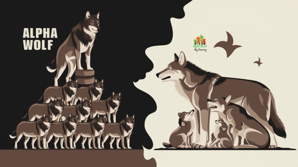 Vector illustration comparing old and new views of wolf pack dynamics