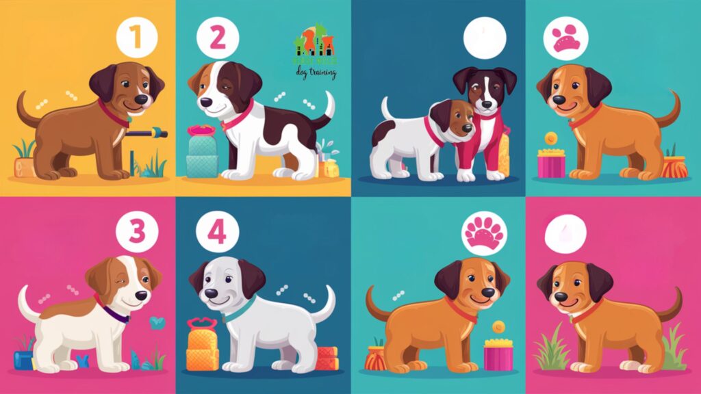 Vector illustration of various positive puppy socialization scenarios