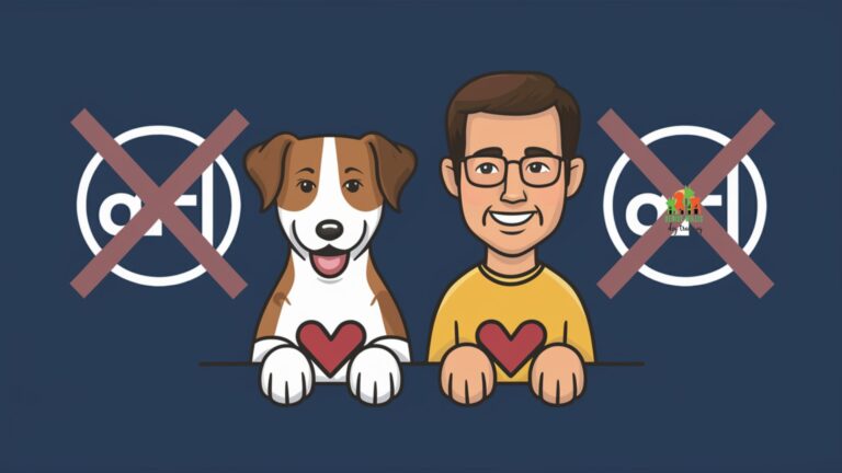 Vector illustration of a happy dog and owner, with crossed-out alpha symbols