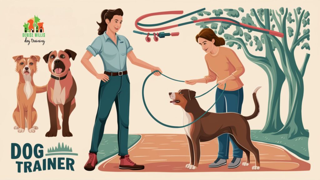 Illustration of a dog trainer working with an owner and their dog