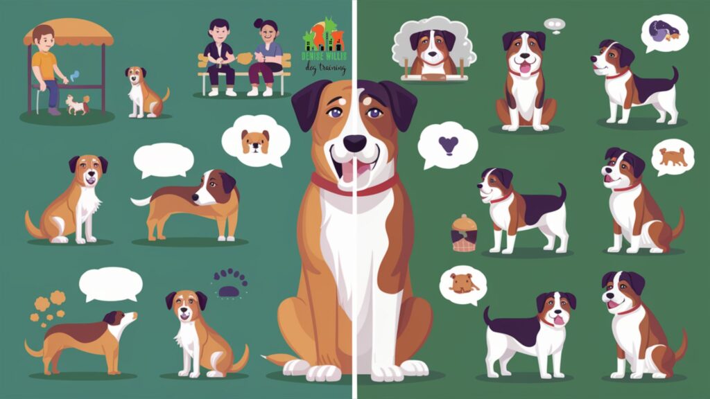 Vector illustration comparing a well-socialized dog to an under-socialized dog