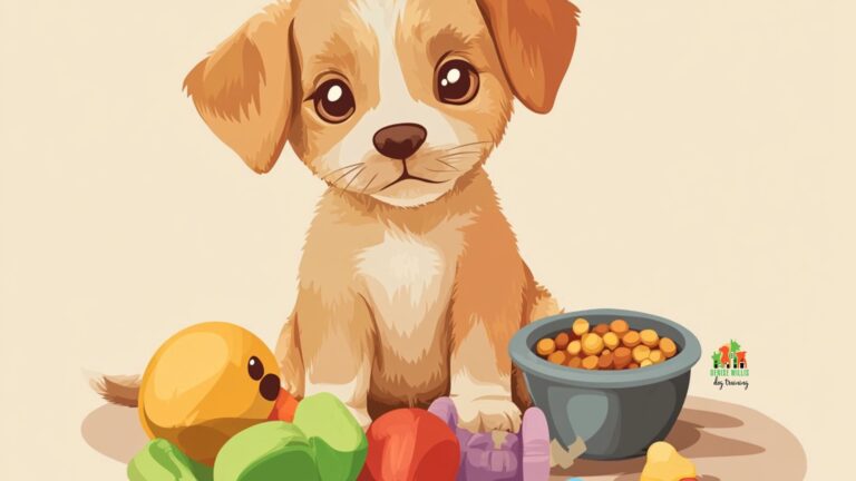 Vector illustration of a puppy guarding toys and food bow