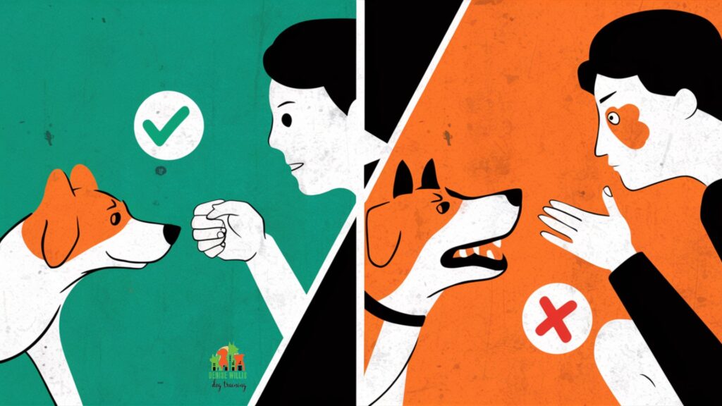 Vector illustration comparing safe and unsafe ways to interact with dogs