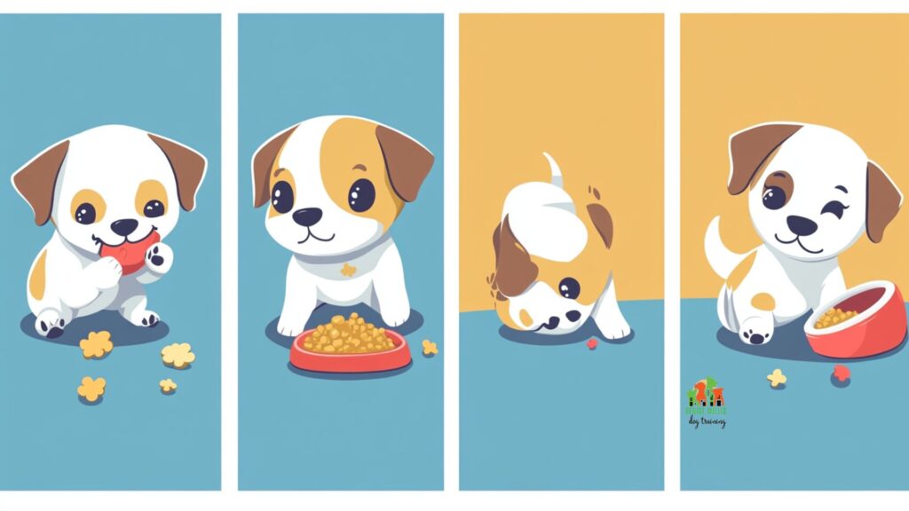 Vector illustration depicting various signs of resource guarding in puppies