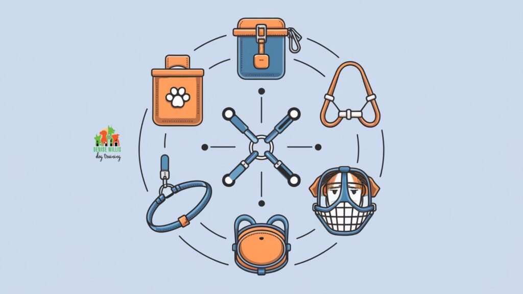 Vector icons of various tools used in managing reactive dogs