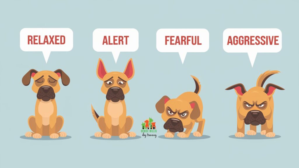 Vector infographic showing different dog postures and their meanings