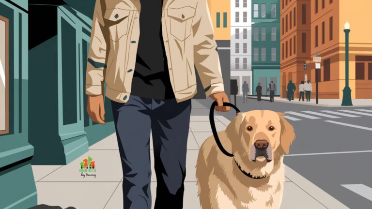 Vector illustration of a person walking a calm dog in a busy urban setting