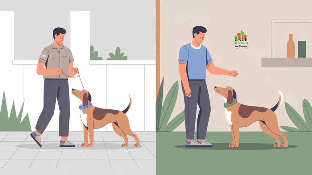 Vector illustration contrasting professional dog training and at-home practice