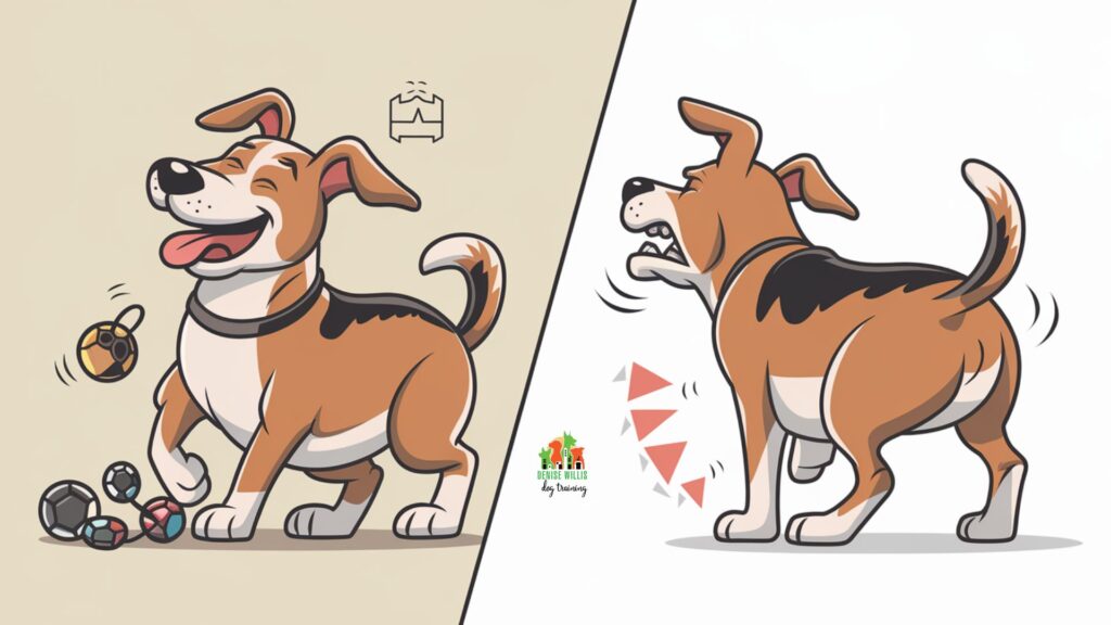 Split illustration comparing normal dog behavior versus pain-induced behavioral changes