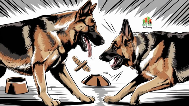 Two dogs of the same breed facing each other aggressively