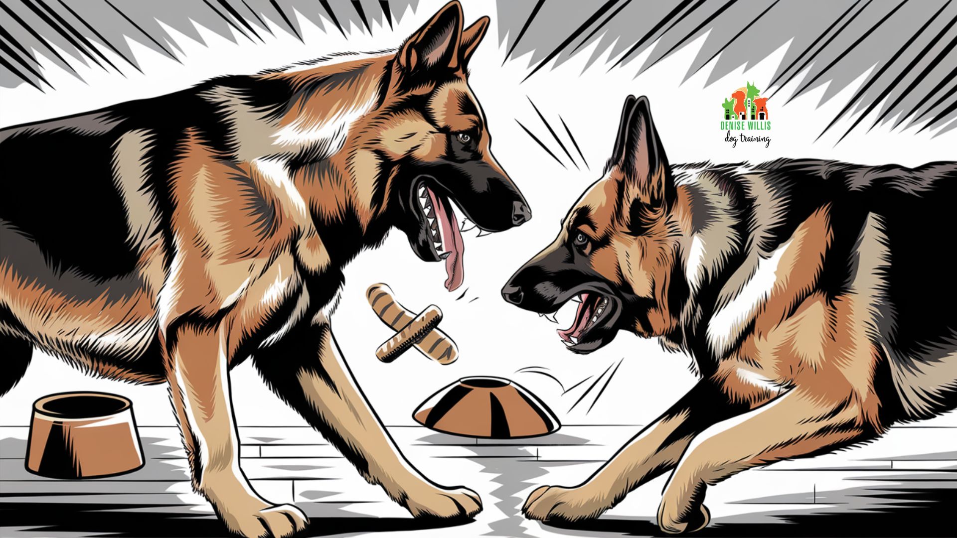 Two dogs of the same breed facing each other aggressively