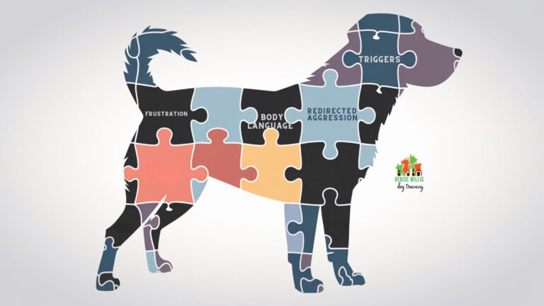 Vector illustration of a dog with puzzle pieces representing different aspects of redirected aggression