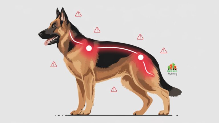 Illustration of a dog showing signs of discomfort with visual indicators of pain points