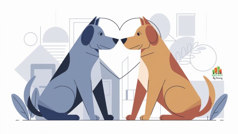 Stylized vector illustration of two dogs with a heart shape between them, symbolizing peaceful coexistence