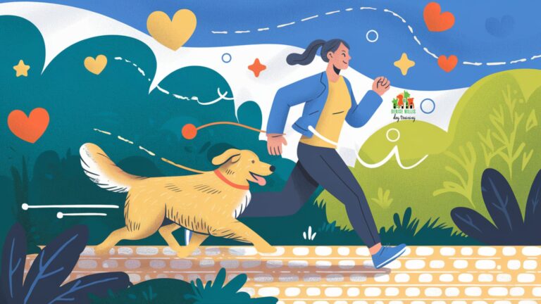 Vector illustration of a happy dog and owner exercising together, surrounded by positive behavior symbols